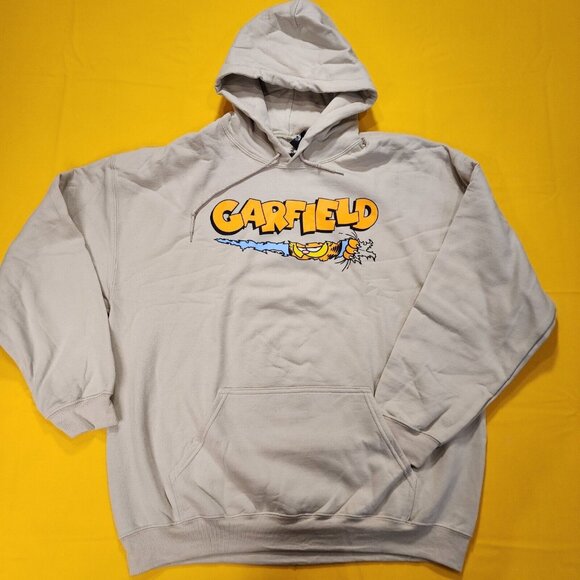 Garfield Nickelodeon Scratching Claws Hanging On Hoodie Sweatshirt Beige Size XL - Picture 2 of 10